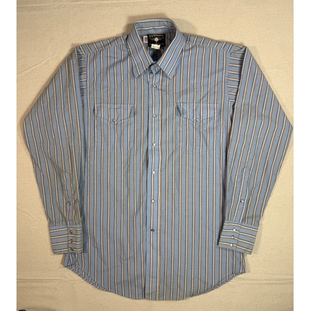 Flying R Ranchwear Mens Blue Striped Western Pearl Snap Shirt 67FR18 USA Made M